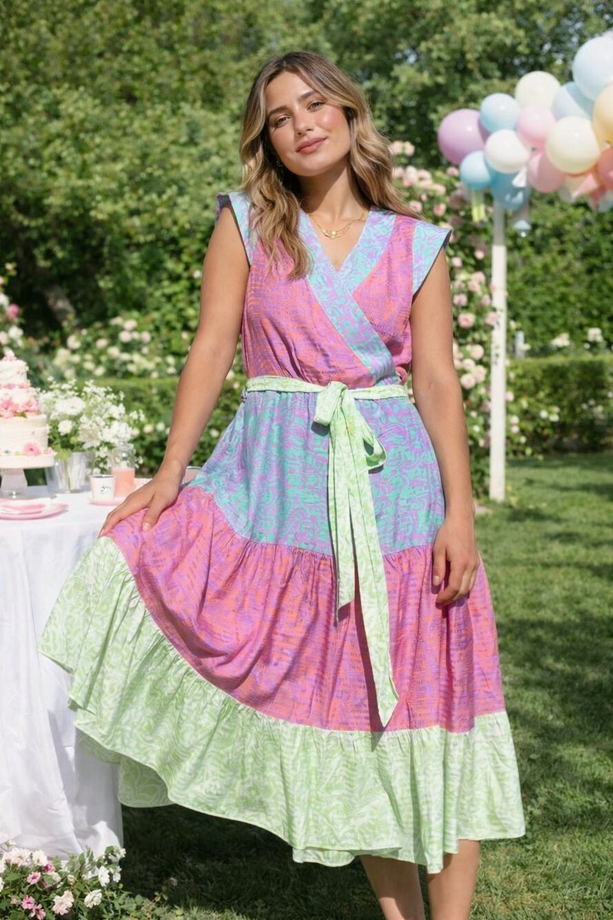 Tanya Taylor Jazzie Wrap Dress Pink Purple Green Blue 6